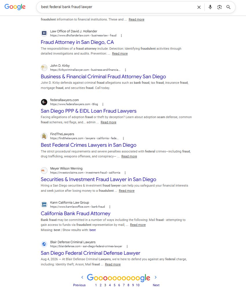 Google search result for best federal bank fraud attorney showing the client buried on page 3, before Orchestra2026 deployment