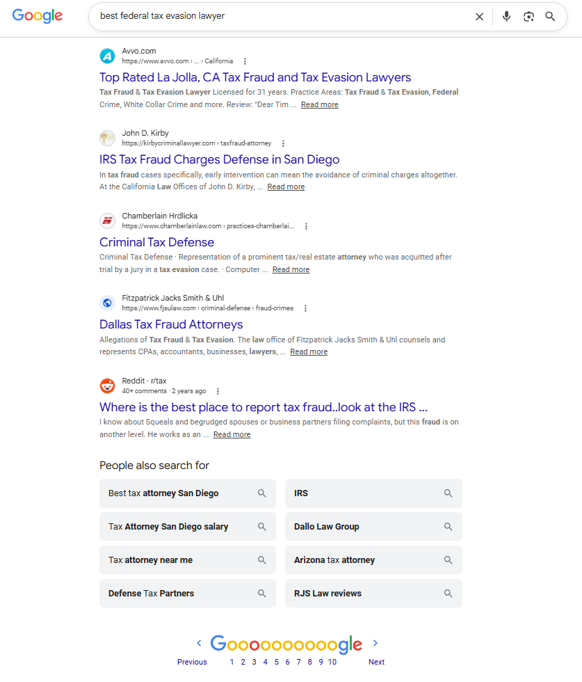 Google search result for best federal tax evasion attorney showing the client buried on page 3, before Orchestra2026 deployment