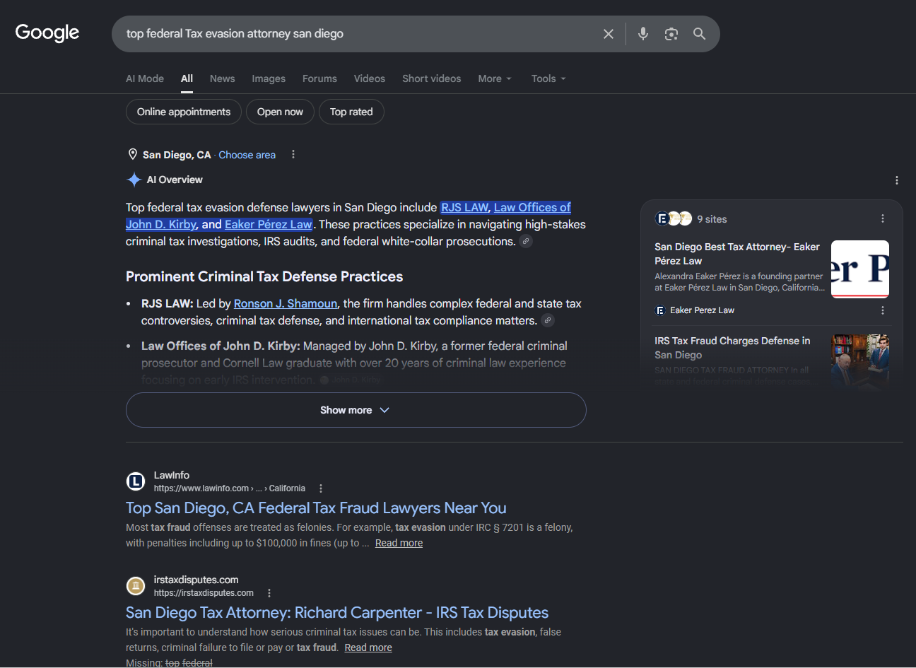 Google screenshot for top federal tax evasion attorney san diego